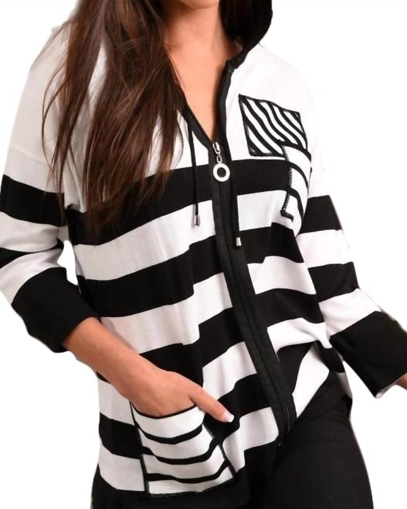 Front of a model wearing a size 1X Multi Stripe Sleeve Hooded Cardigan in Black/Multi in Black/Multi by ANGEL. | dia_product_style_image_id:327653